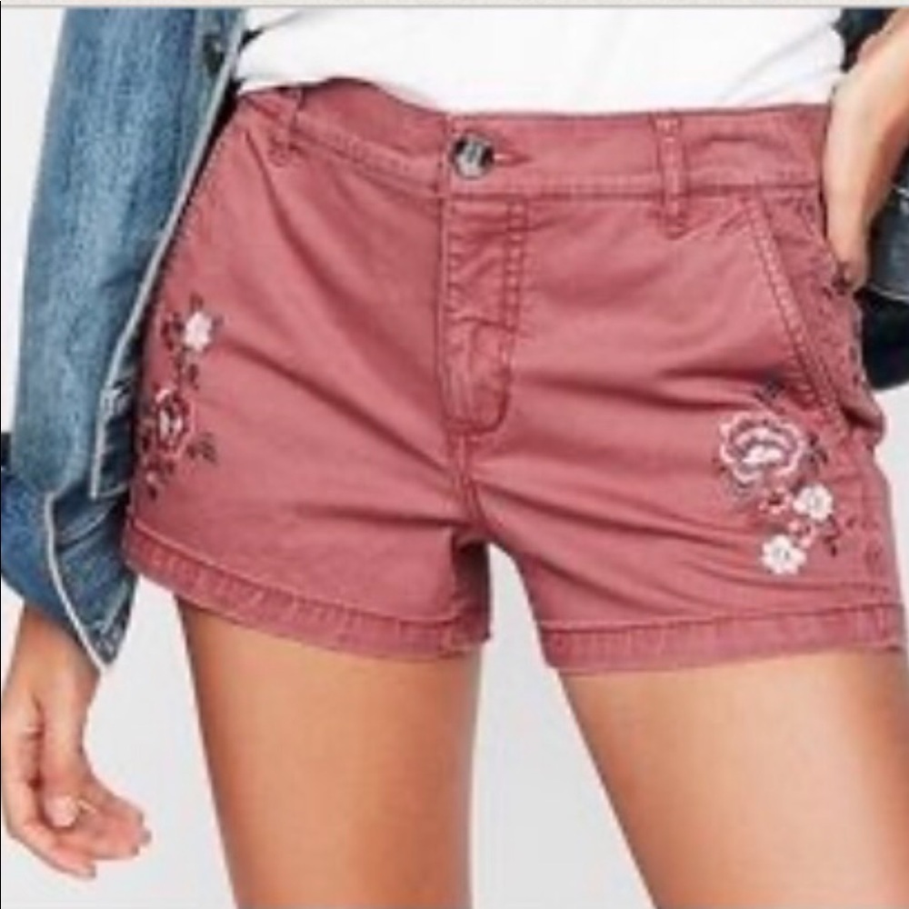 Mid rise embroidered twill shorts